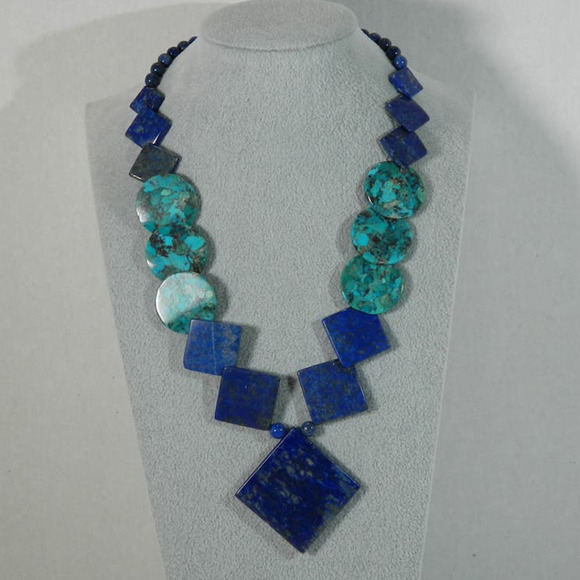 Jay King Mine Finds w Round Shaped Turquoise w/ Lapis Triangle Bead Necklace 925 - Picture 2 of 10